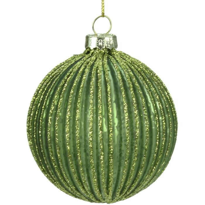 Gisela Graham Green Ridged Glass Bauble with Glitter Finish 